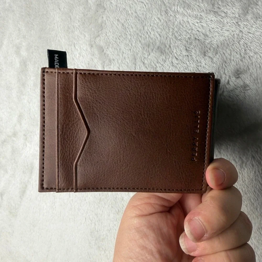 Perry Ellis Portfolio Magnetic Card Case Brown Genuine Leather Bifold Wallet Men